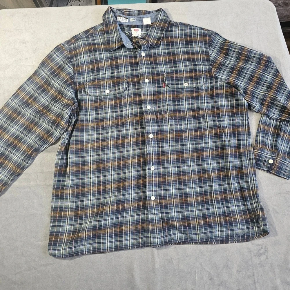 Levis Mens XL‎ Relaxed Fit Plaid Flannel Button Down Shirt Blue Yellow NWOT
